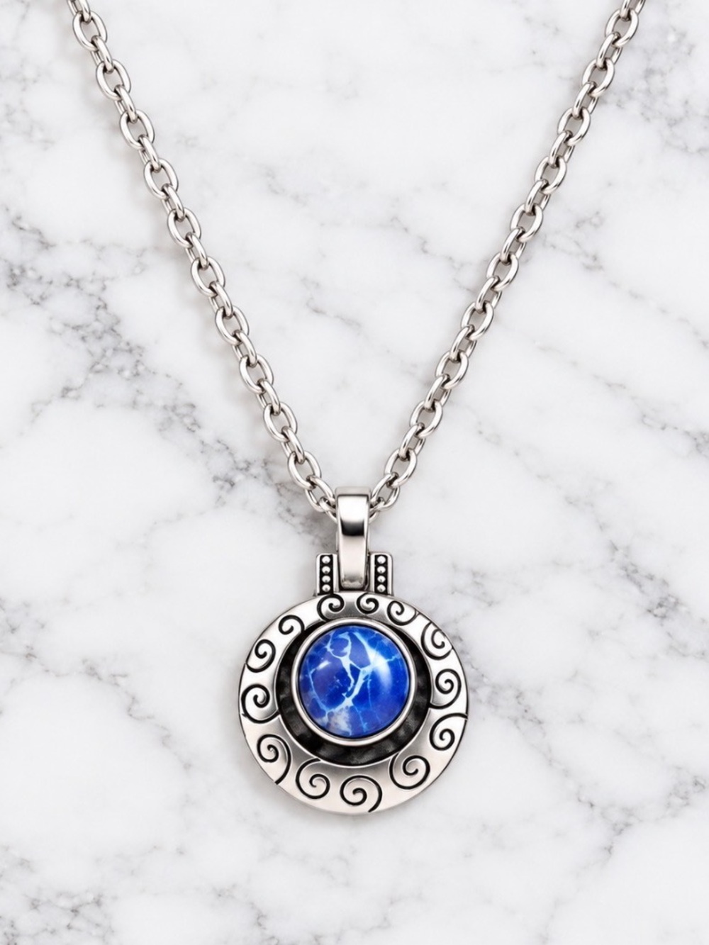 Blue Stone Silver-Tone Pendant Necklace & Earrings Set